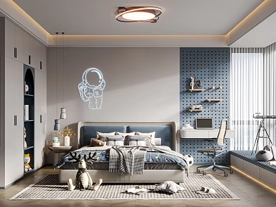 Cozy Modern Kids Room Interior With Astronaut Decor Bed Desk And Soft Rug 3d model