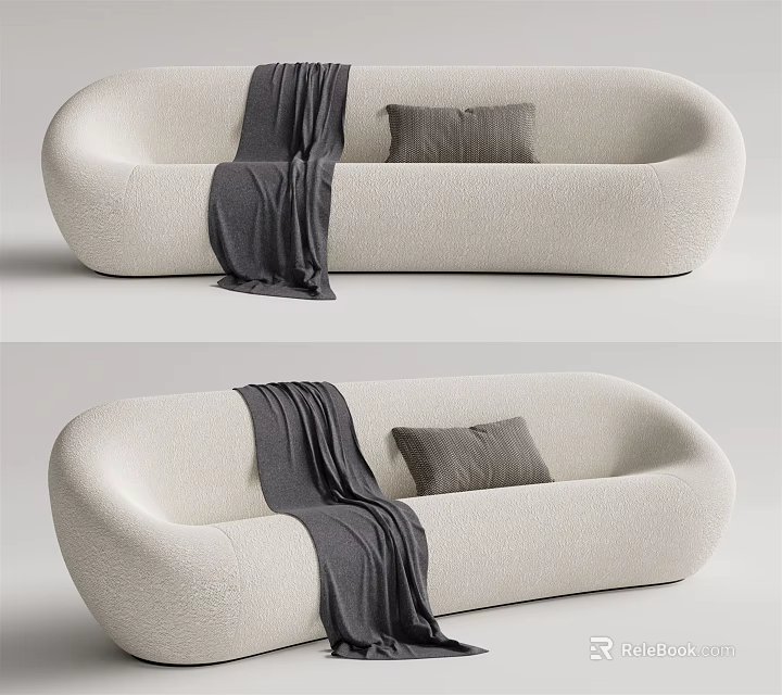 Modern White Sectional Sofa With Gray Pillow And Dark Throw Blanket 3d model