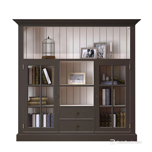 Dark Wooden Bookcase With Glass Doors Multiple Compartments Drawers And Decorative Items 3d model 