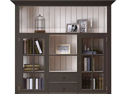 Dark Wooden Bookcase With Glass Doors Multiple Compartments Drawers And Decorative Items 3d model