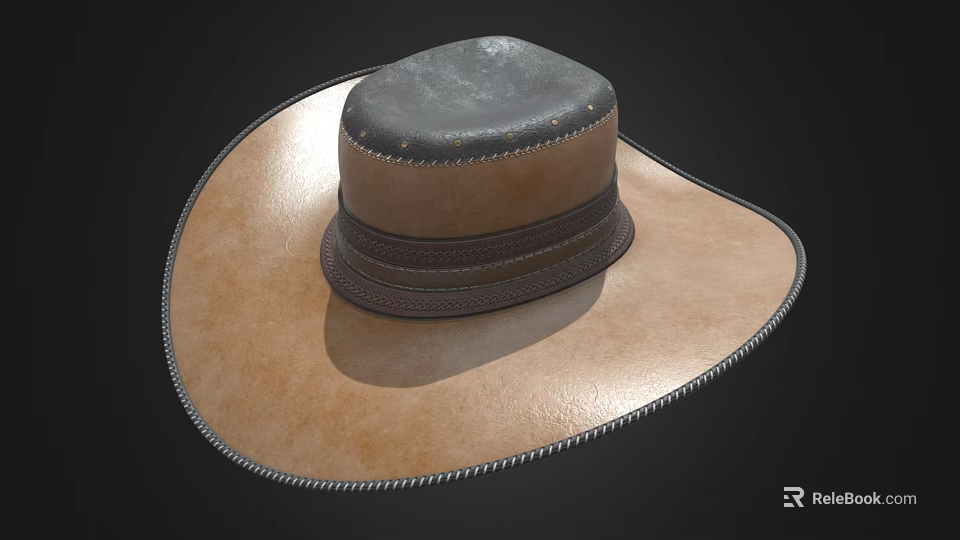 Brown Leather Wide Brimmed Hat With Black Top And Stitching Details 3d model 