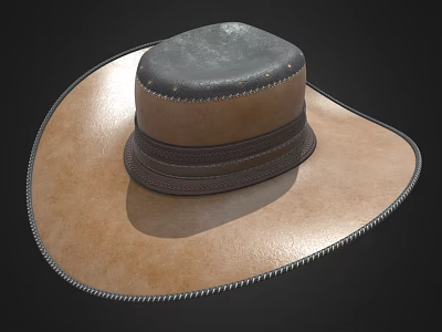 Brown Leather Wide Brimmed Hat With Black Top And Stitching Details 3d model