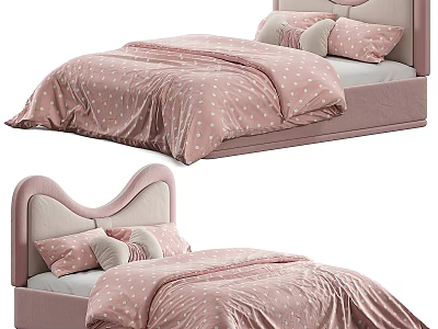 Pink Kids Bed With Heart Shaped Headboard And Polka Dot Quilt 3d model
