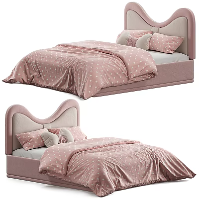 Pink Kids Bed With Heart Shaped Headboard And Polka Dot Quilt 3d model