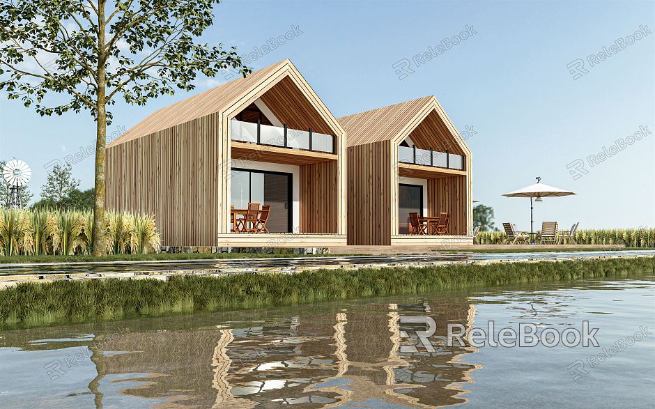 Modern Wooden House Village Tree House Village Camp Big Field Landscape Paddy Field Landscape Ecological Farm Beautiful Country Farmland model