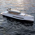 Modern Sleek Yacht Floating on Calm Water with Spacious Deck and Glass Roof