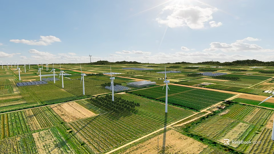 Sunny Picturesque Rural Landscape With Wind Turbines And Solar Panels Across Vast Lush Green Farmland 3d model 