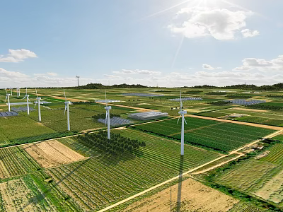 Sunny Picturesque Rural Landscape With Wind Turbines And Solar Panels Across Vast Lush Green Farmland 3d model
