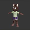 Cute Cat Character 3D Model Wearing White T-Shirt And Blue Shorts