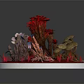 Vibrant Red Plants With Intricate Roots Mushroom Like Structures And Red Grass