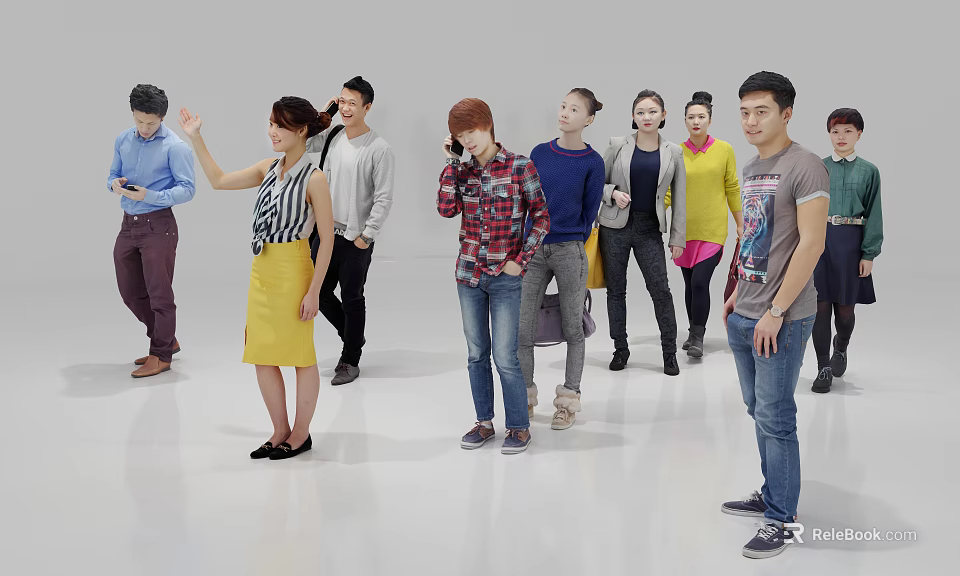 Group of People Standing in Various Poses with Casual Clothing and Different Actions 3d model 