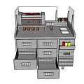 Commercial Kitchen Workstation With Open Drawers Condiment Bottles And Hot Dogs