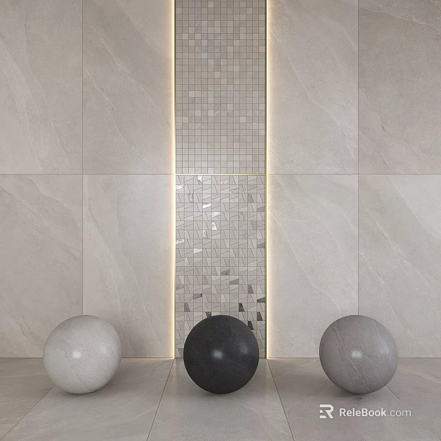 Gray Marble Wall With Vertical Mosaic Tile Strip And Three Colored Spheres 3d model