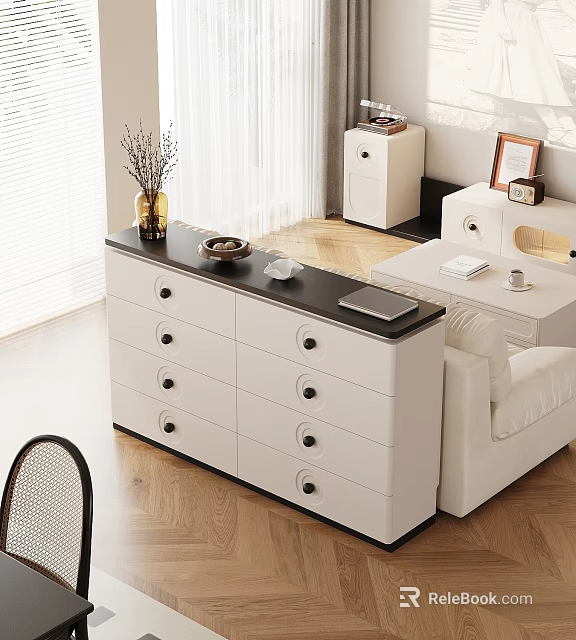 White And Black Sideboard With Drawers Decorative Items On Top Next To Sofa Wooden Floor Room 3d model 