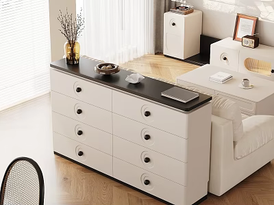 White And Black Sideboard With Drawers Decorative Items On Top Next To Sofa Wooden Floor Room 3d model
