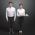 Two Professional Waitstaff in White Shirts and Dark Pants Standing with Tray of Teacups