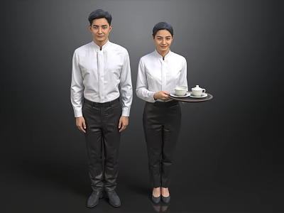 Two Professional Waitstaff in White Shirts and Dark Pants Standing with Tray of Teacups 3d model