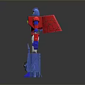 Red and Blue Robot Game Movie Character With Yellow Accents Blue Head and Legs