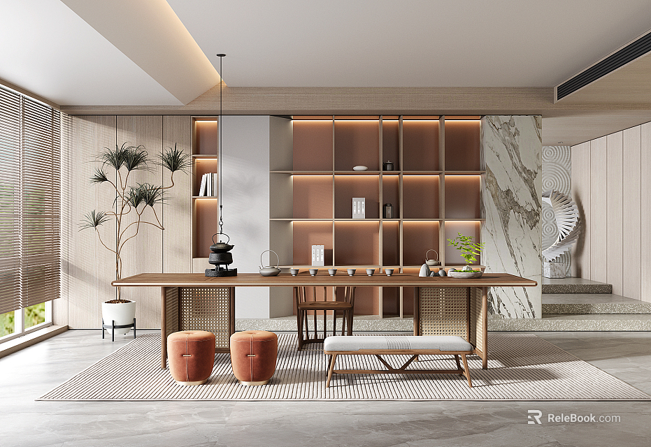 Modern Tea Room With Wooden Long Table Tea Sets Shelves Plants Marble Wall And Rug 3d model 