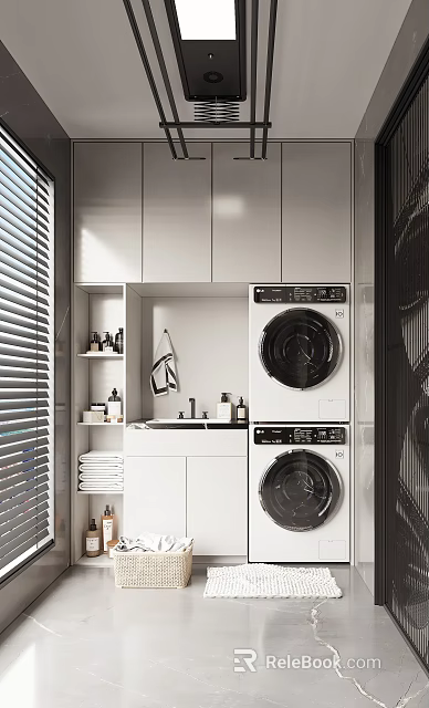 Modern Home Balcony With White Cabinets Stacked Washing Machine Dryer Sink Toiletries Shelf And Blinds 3d model 