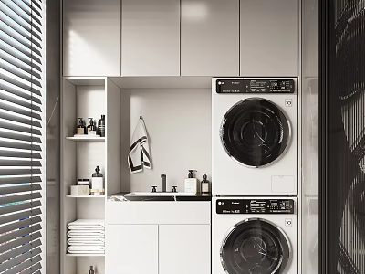 Modern Home Balcony With White Cabinets Stacked Washing Machine Dryer Sink Toiletries Shelf And Blinds 3d model