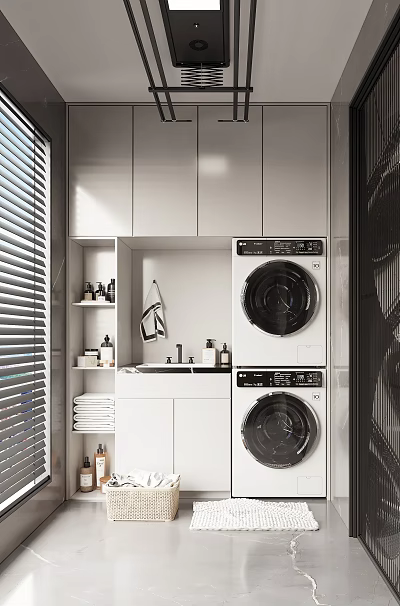 Modern Home Balcony With White Cabinets Stacked Washing Machine Dryer Sink Toiletries Shelf And Blinds 3d model
