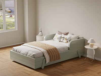 Light Green Kids Bed with Guardrails Pillows and Blanket Nightstand with Lamp in Bright Room 3d model