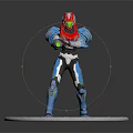 Armored Character Model Featuring Red Helmet Blue Armor Green Glowing Accents And Silver Circular Base