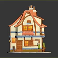 Cartoon Style Miniature House Model With Red Roof Orange Walls Lit Windows And Street Lamp