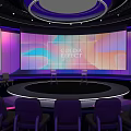 Modern Conference Hall With Large Screen Color Palette Purple Pink Lighting Round Stage And Chairs