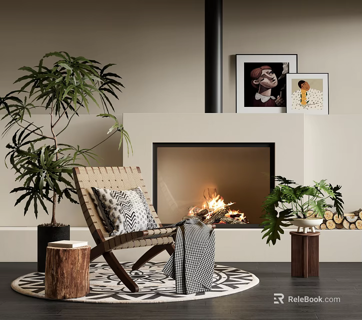 Leisure Chair in Cozy Living Room with Fireplace Burning Fire and Green Plants 3d model 