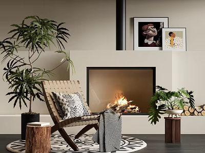 Leisure Chair in Cozy Living Room with Fireplace Burning Fire and Green Plants 3d model