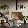 Leisure Chair in Cozy Living Room with Fireplace Burning Fire and Green Plants