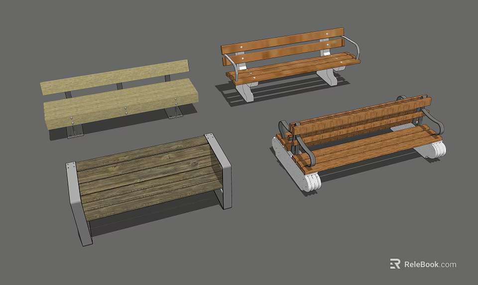 Outdoor Wooden Slat Chairs With Metal Frame Supports And Various Designs 3d model 