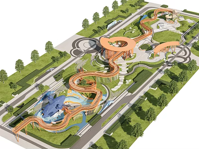 Curved Landscape Bridge With Orange Wooden Structure Amid Green Space Trees And Water Feature 3d model