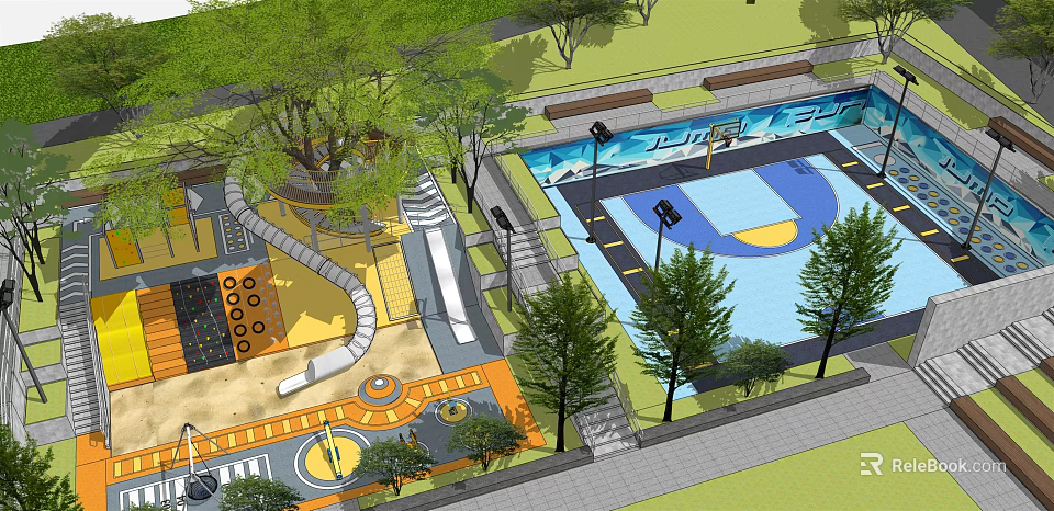 Vibrant Commercial Street Leisure Area With Basketball Court Playground And Green Trees 3d model 