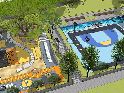 Vibrant Commercial Street Leisure Area With Basketball Court Playground And Green Trees 3d model