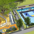Vibrant Commercial Street Leisure Area With Basketball Court Playground And Green Trees