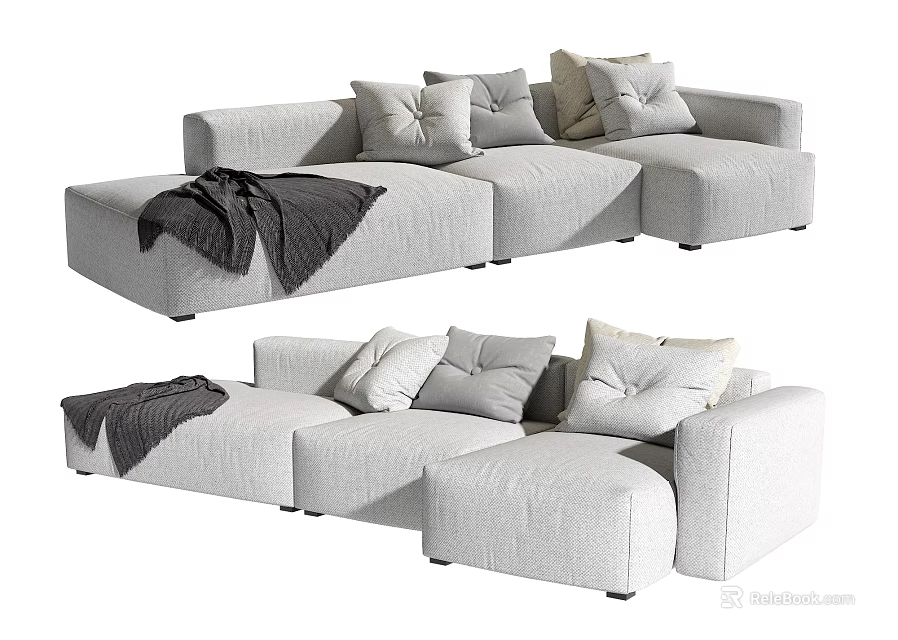Light Gray Linen Sectional Sofa With Throw Blanket And Decorative Pillows For Living Room 3d model 