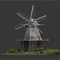 Traditional Windmill Architecture With Wooden Blades Stone Base And Grass Platform