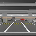 Indoor Parking Garage With Parked Cars White Lines Yellow Black Warning Strips Columns And Lighting