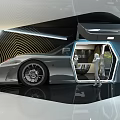 Modern White Car Showroom With Blue Sports Car Mannequin Display Cabinets And Modern Lighting