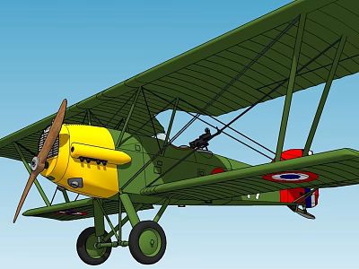Green Biplane With Yellow Nose Propeller Pilot In Cockpit And Red Blue Wing Insignia 3d model