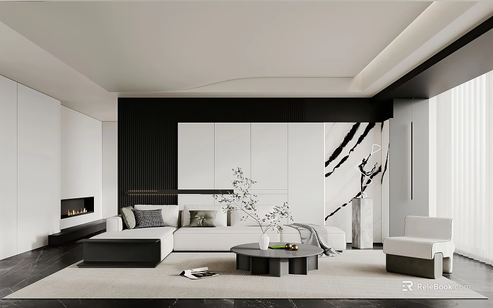 Modern Living Room Interior With Minimalist Sofa Coffee Table Fireplace And Decorative Elements 3d model