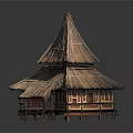 Cute Cartoon Scene of Traditional Two Story Building with Thatched Roof and Wooden Red Decorations