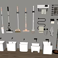 Cleaning Tools Setup with Mops Brooms Sinks and Wall Mounted Towels 3d model