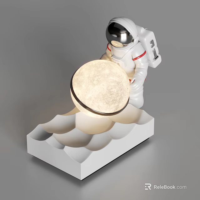 Astronaut Shaped Table Lamp With Glowing Moon Orb And Moon Surface Base 3d model
