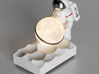 Astronaut Shaped Table Lamp With Glowing Moon Orb And Moon Surface Base 3d model