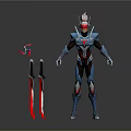 Futuristic Armored Character In Blue Red Suit With Two Swords And Red Accents