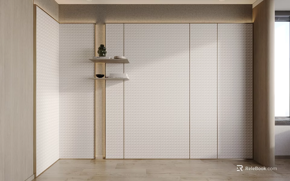 Modern Minimalist Bedroom Accent Wall With White Textured Surface And Wooden Floating Shelves 3d model 